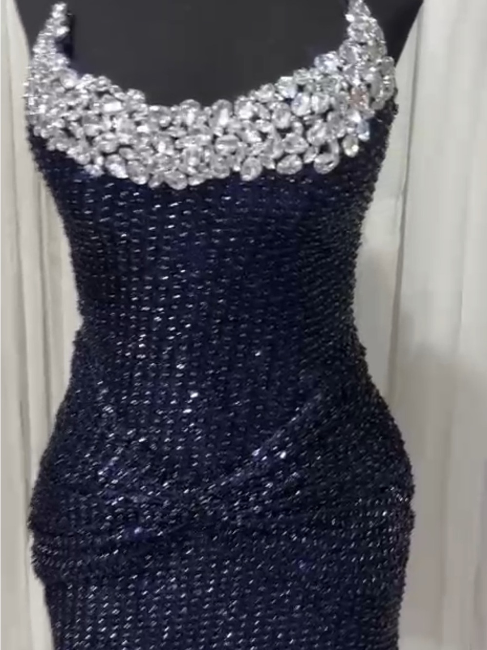 Elegant Navy Beaded Evening Dress with Crystal Accents